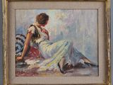 painting of a woman in a white dress sitting on a chair