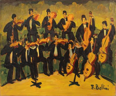 tableau représentant un groupe de musiciens en smoking jouant de leurs instruments