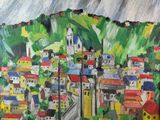 un tableau représentant une ville située sur une colline, avec une montagne en arrière-plan