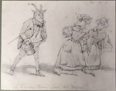 drawing of a man and a woman with a goat on a horse