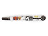 a close up of a pen on a white surface with a flag on it