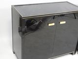 an image of a black cabinet with gold handles and a black door