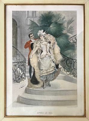 tableau représentant un homme et une femme en tenue de cérémonie, debout sur un escalier