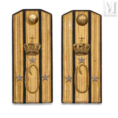 two gold and black badges with a crown on them