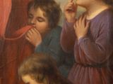 painting of three children praying in front of a red curtain
