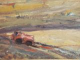 a painting of a tractor pulling a plow through a field