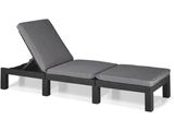 a black outdoor chaise lounger with a grey cushion