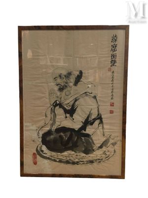 tableau représentant un homme assis sur une chaise, avec un chien devant lui