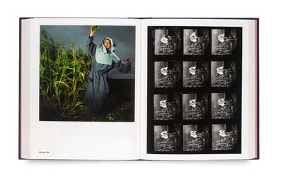 an open book with a picture of a woman in a field