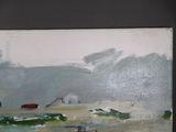 a painting of a boat in the water on the beach