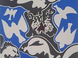 an image of a blue and white painting with birds on it