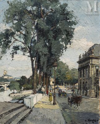 un tableau représentant une scène de rue avec un cheval et une calèche