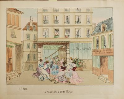 a drawing of a group of people dancing in front of a building