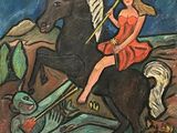 tableau représentant une femme à cheval, sur lequel est posée une lance