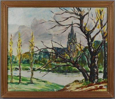 an image of a painting of a church in the distance