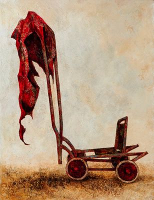 une peinture à l'huile représentant un landau recouvert d'un tissu rouge