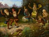 un tableau représentant un groupe de gnomes jouant au frisbee