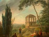 an image of a painting of people in a landscape with a temple in the background