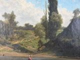 un tableau représentant un groupe de personnes assises au bord d'une rivière