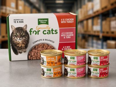 quatre boîtes de nourriture pour chat posées sur une table à côté d'un carton de nourriture pour chat