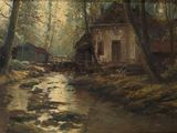painting of a stream running through a forest with a house in the background