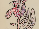 drawing of a bird with red and blue feathers on a white background
