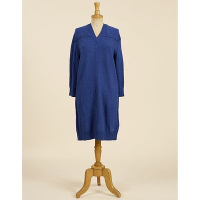 HERMÈS, Robe-pull à col V et manches 3/4 en cachemire bleu K…