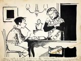 drawing of a man and a woman sitting at a table with a dog