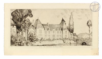 an old drawing of a castle with trees and bushes in the foreground