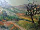 a painting of a landscape with a tree in the foreground