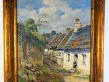an oil painting of a village scene with a woman walking down the road