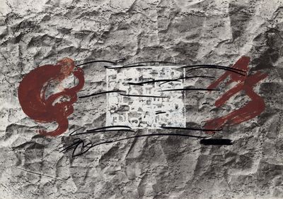 graffiti on a wall of a man with a knife and a piece of paper with writing on it