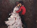 une peinture à l'huile représentant un couple en train de danser, elle en robe blanche et lui en veste rouge