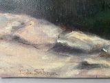 a painting of a dog laying down on the ground