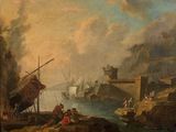 an image of a painting of a harbor scene with ships in the water