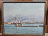 peinture représentant un bateau sur un plan d'eau près d'un quai