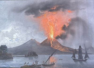 une photo d'un tableau représentant un volcan jaillissant de l'eau