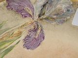 a vase with a purple flower painted on the side of it