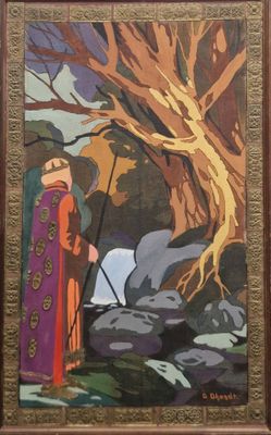 une peinture à l'huile représentant une femme en robe violette debout devant un arbre