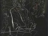 dessin en noir et blanc représentant un homme assis à une table