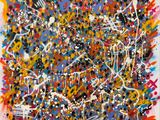 une peinture abstraite représentant des éclaboussures de peinture multicolores sur une surface blanche