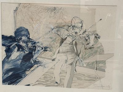 dessin représentant un groupe de personnes jouant du violon dans une pièce
