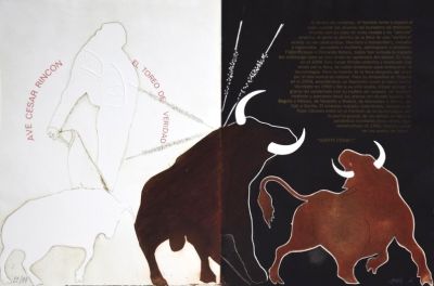 a picture of a picture of a bull and a man on a horse