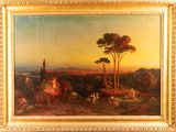 une peinture à l'huile d'un paysage avec une église au loin