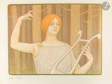 a painting of a woman holding a harp in front of a forest