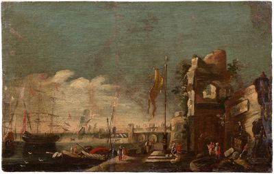 une image d'une peinture représentant une scène de port avec des bateaux dans l'eau