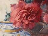 a painting of flowers in a vase on a table