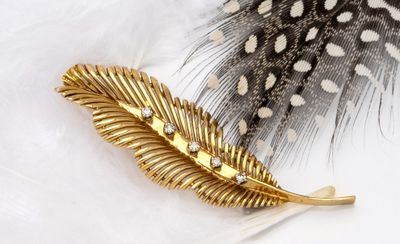 Broche Plume en or jaune 18K 750 millièmes, en fil d'or, pon…