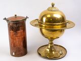 two different types of brass and copper items on a white background