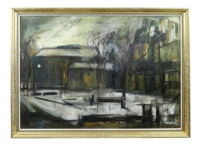 an oil painting of a park with benches and trees in the snow